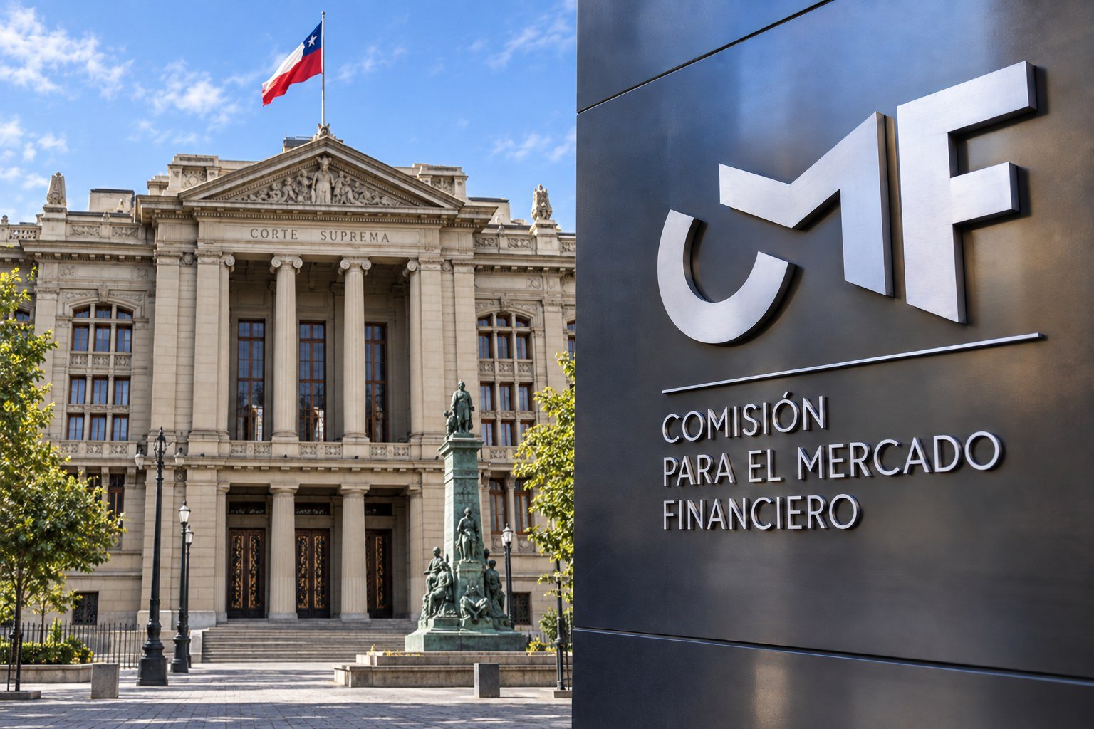 letrero de la Comisión para el Mercado Financiero (CMF), con el Palacio de los Tribunales de Justicia de fondo