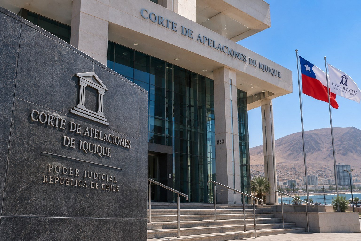 letrero y fachada de la Corte de Apelaciones de Iquique, con la bandera de Chile de fondo