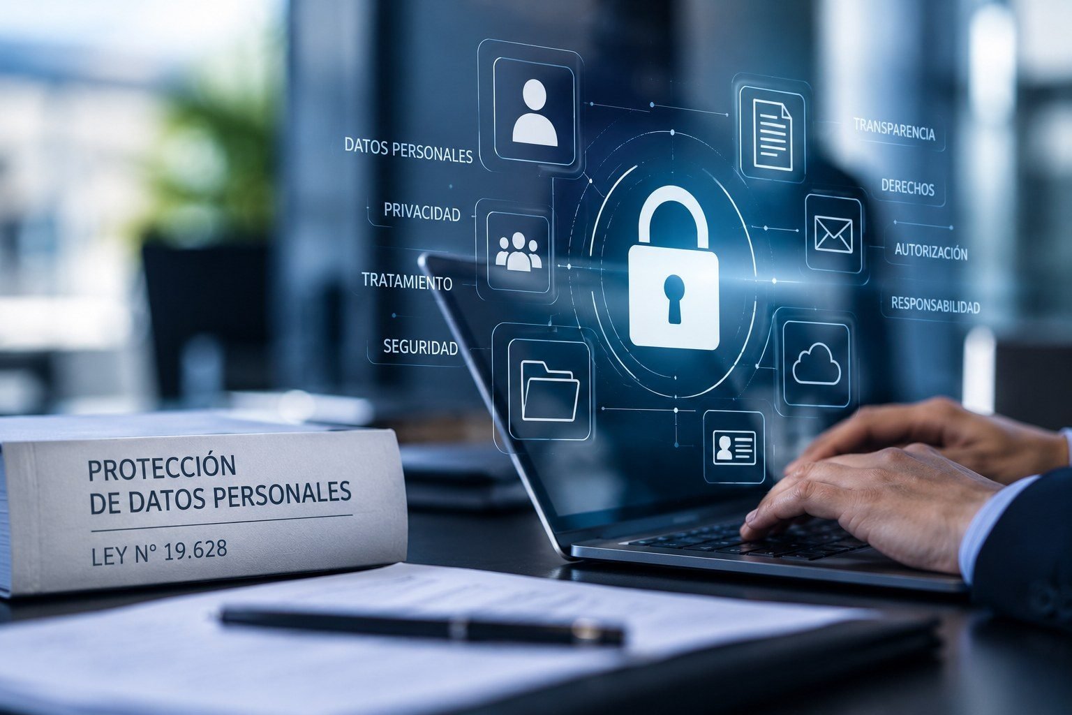 libro de la Ley de Protección de Datos Personales junto a un computador con íconos de privacidad, seguridad y tratamiento de datos