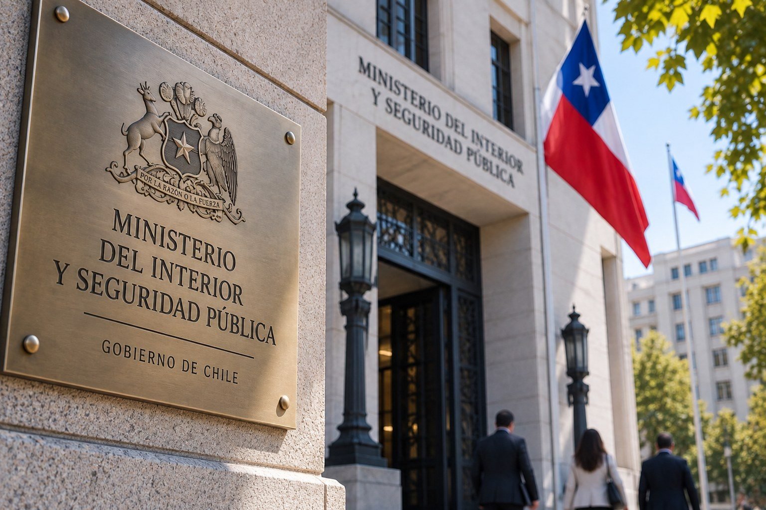 letrero del Ministerio del Interior y Seguridad Pública en la fachada de su edificio, con la bandera de Chile de fondo