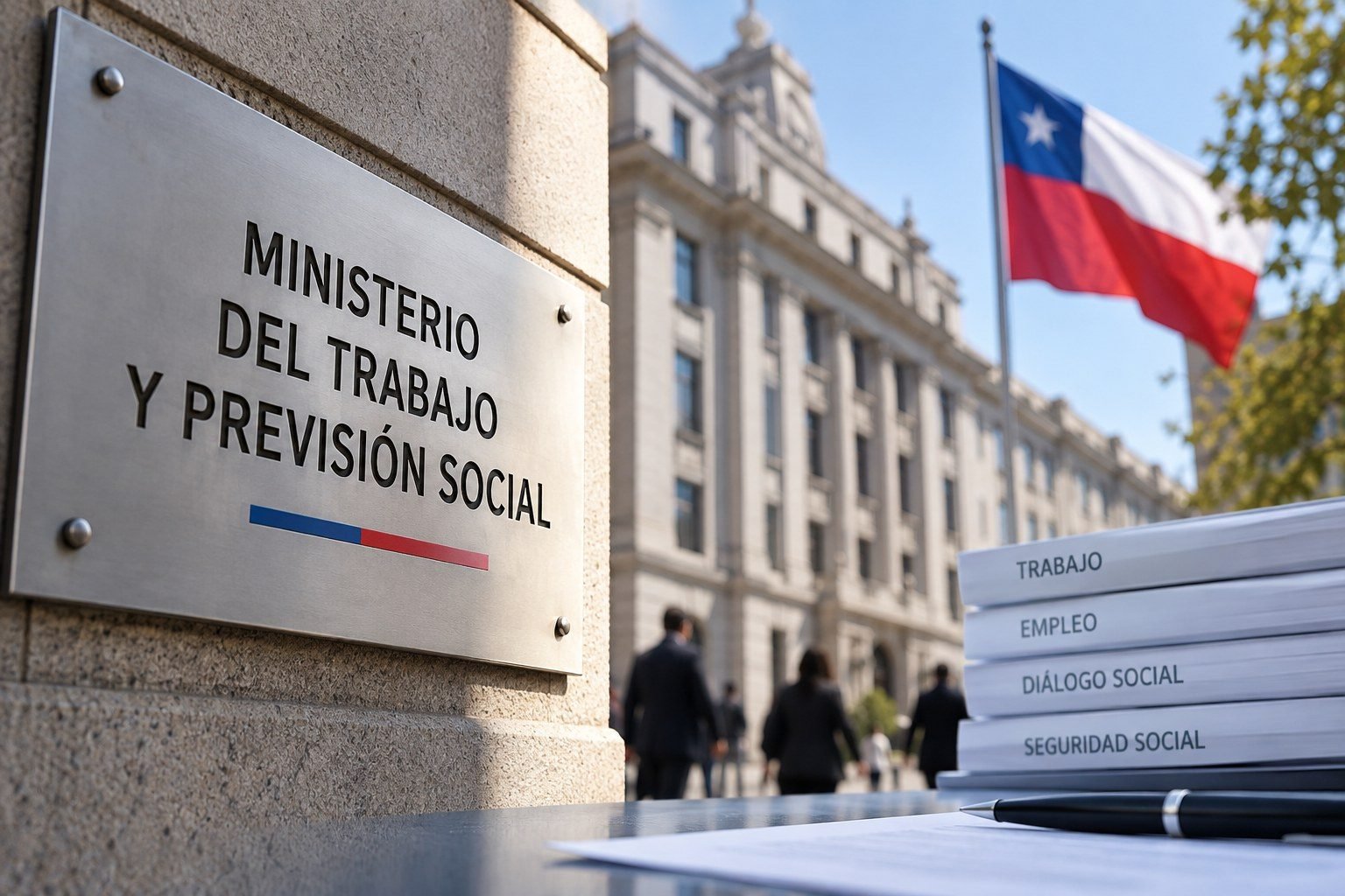 letrero del Ministerio del Trabajo y Previsión Social en la fachada de su edificio, con la bandera de Chile de fondo