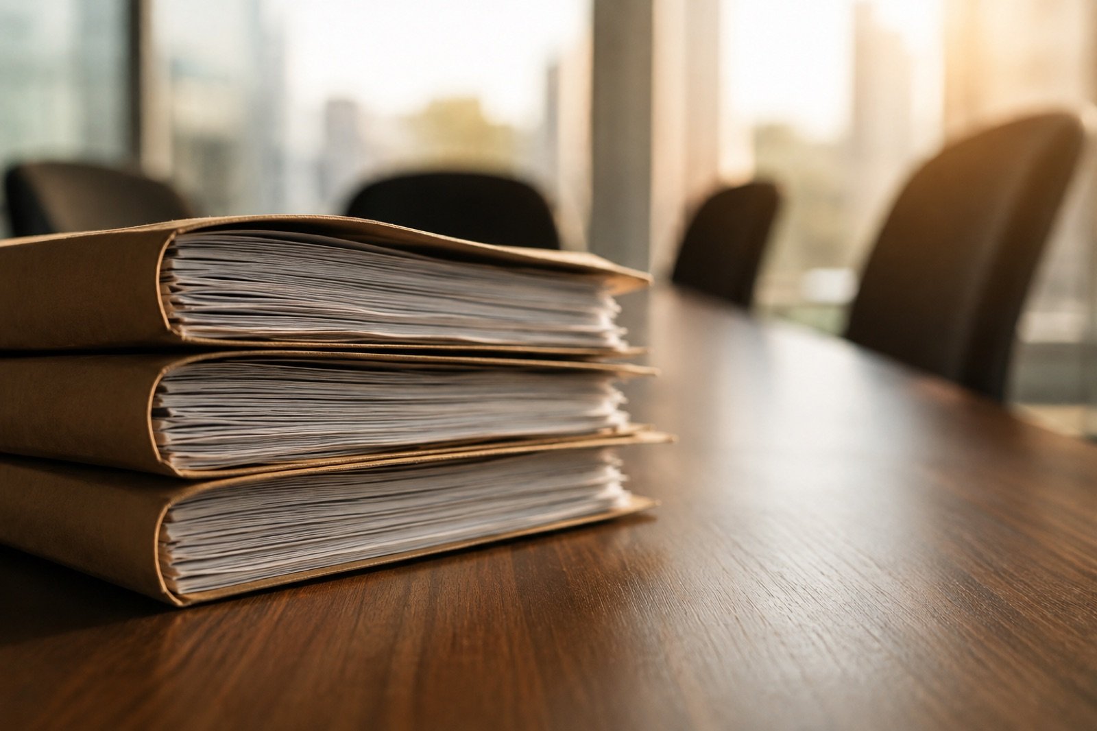 Tres carpetas de documentos apiladas sobre una mesa de reuniones, con sillas vacías al fondo