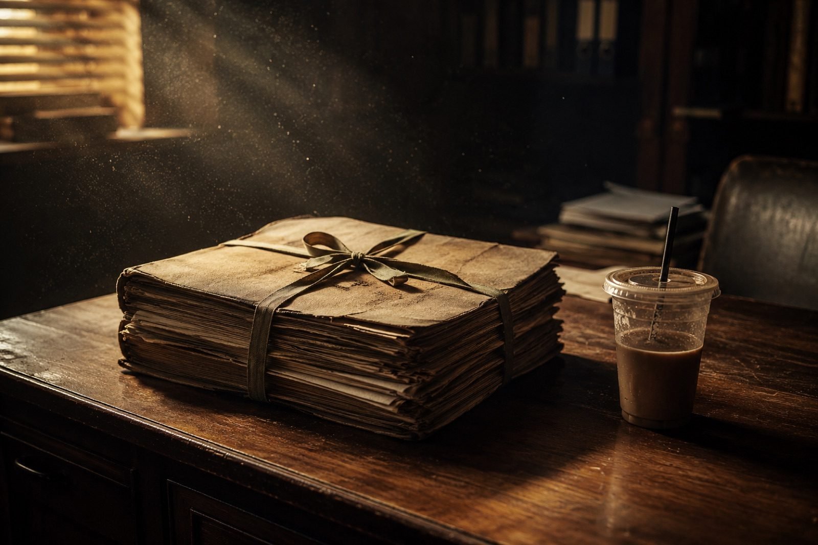 Expediente de papel atado con cinta, abandonado sobre un escritorio junto a un vaso frío